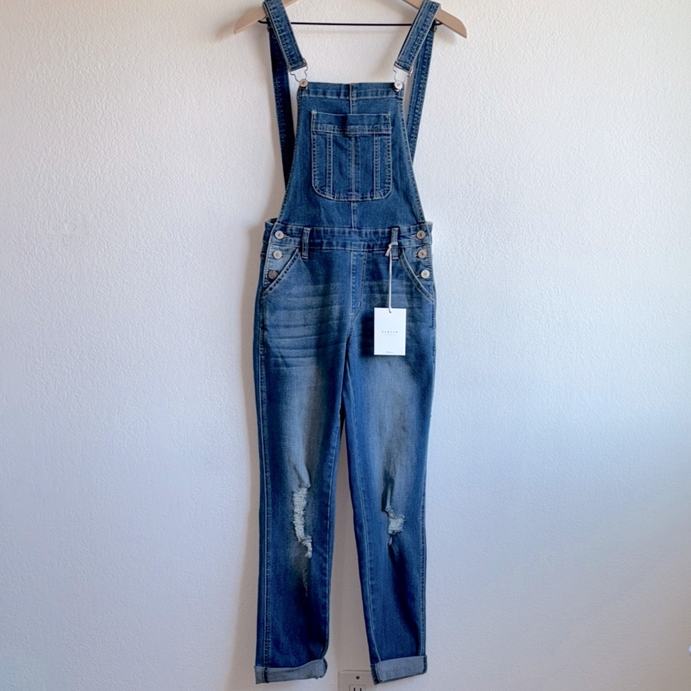 NWT Kancan Distressed Denim Meduim Wash Jean Cuffed Cropped Overalls